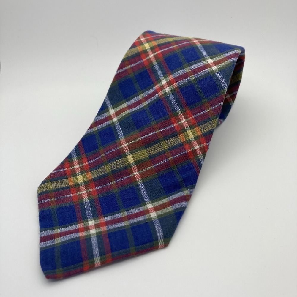 The‎ Gap Designer Cotton Tie Men's Necktie Made in USA Plaid Blue Yellow Green - Picture 4 of 4